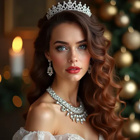 Christmas scene, in the foreground there is a beautiful Italian woman, long curly brown hair with bright mahogany highlights gathered in an elegant hairstyle, blue eyes made up with red lipstick that highlights her lips, she wears a diamond crown and a bea...