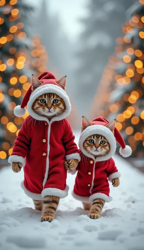 "A mother cat and her daughter cat in matching red and white Santa-themed outfits, walking together on a snow-covered runway with festive lights and Christmas trees in the background."

