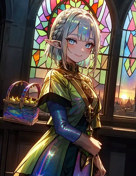 The background is a sunset sunset 、 medieval cityscape with basket、Inside the kaleidoscope、 stained glass background、Green clothing、Rinwell style braided silver short hair( Holographic :1.2),  pointed ears、Elf、 blue eyes、 Rough Outfit 、 long lashes,smile、M...