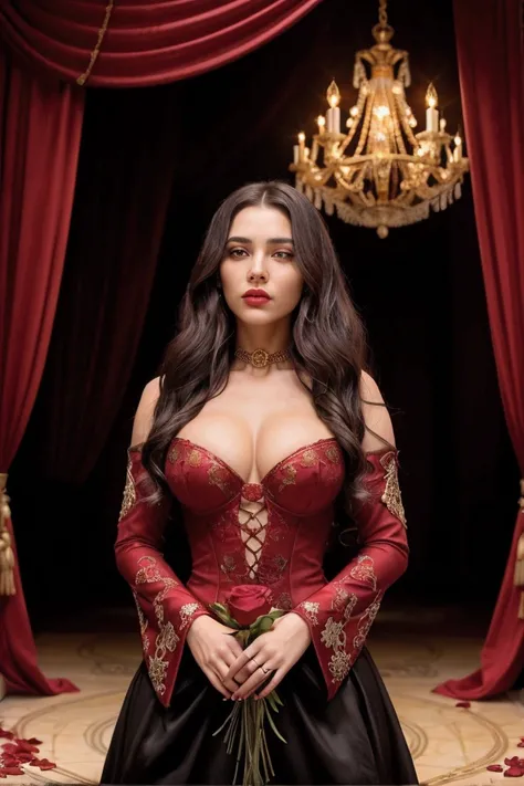  The image presents an imposing female figure with a strong presence of power and nobility .  She is dressed in a luxurious red outfit adorned with gold and black details .  The tight bodice in black ,  with front ties ,  highlights her confident posture ....