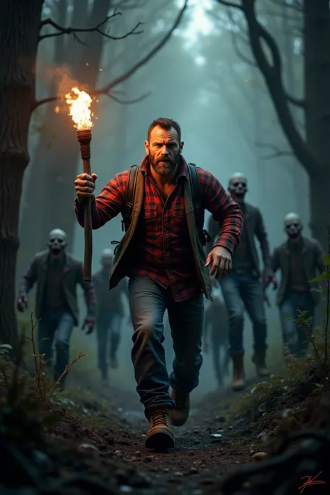 Man with a torch in his hand lumberjack clothes flees from the zombie horde , 8K , hdr