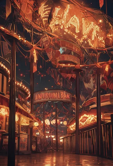 amusement park at night, carnival, dark warm hues, no people at all, detailed