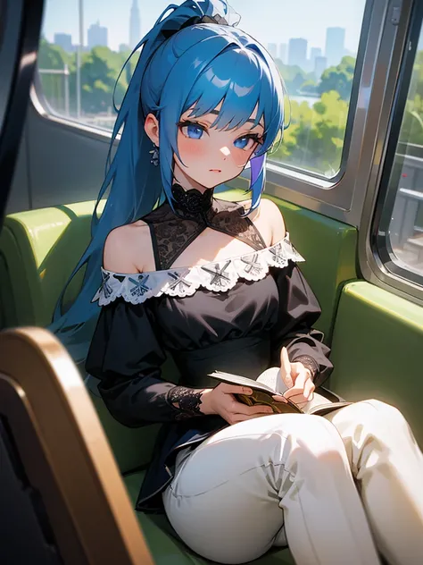  top quality,   Masterpiece  ,  super high resolution, (Realism: 1.4), Original photo,  1 girl ,  Ponytails blue and white mesh hair , Very beautiful black dress ,Skirt Ultra Mini,Blue Eyes,  off-shoulder , Cinematic evening lighting , on the train, Sittin...