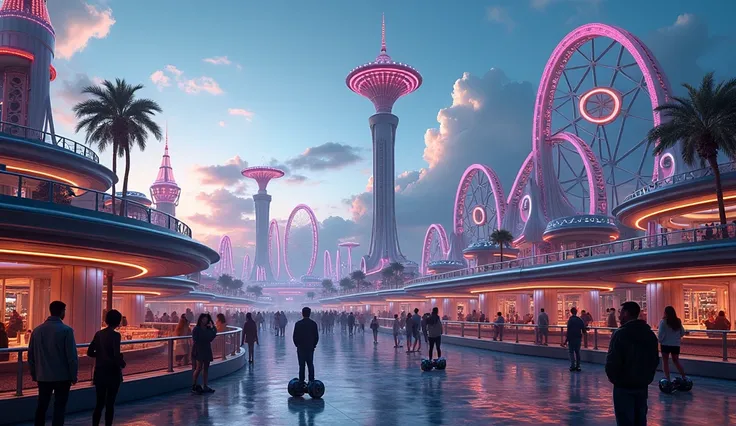 "A futuristic amusement park with glowing neon lights, towering roller coasters, and sleek, metallic structures. The sky is filled with floating platforms, and visitors are traveling on hoverboards."

