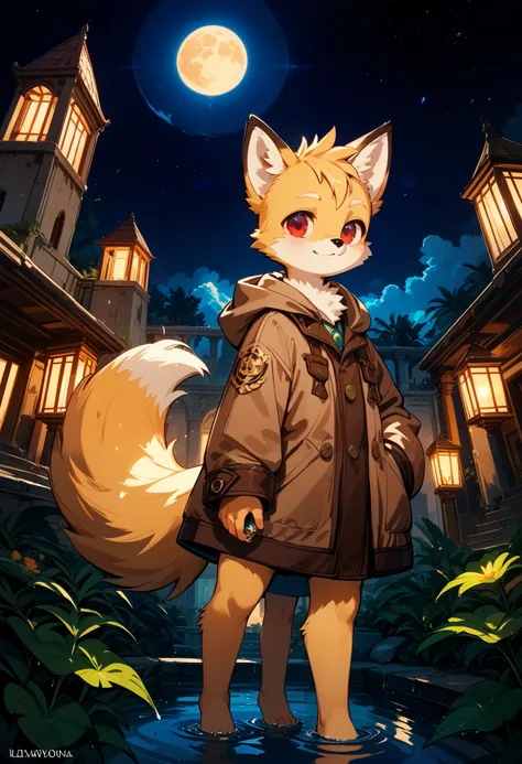 masterpiece, best quality, 4K，Ultra-delicate, Shota the fox, solo, Skin fur, Golden fur, Golden yellow face fur, Red eyes, Brown elements on fur, Brown coat brown hood up, Beautiful lights and shadows, Ambient light, Ultra-fine fur, natural  lighting, Fluf...