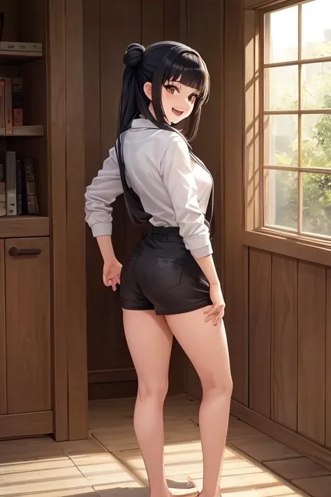 hinata hyuga ,  slightly open mouth smiling and showing teeth , extremely attractive body , standing ,  with your back to the viewer  ,  full body  ,  looking back  ,  looking at the viewer  , extreme fidelity to the prompt , leaning in front of an open wi...