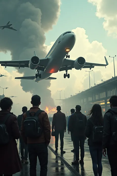 A realistic plane takes off and the airport is next to it and travelers wait and it will collapse