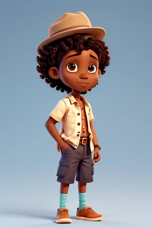  Illustrate a curious African boy ,  wearing a detective hat ,  With a detective magnifying glass in his hand , by orange,  freckles on the face ,  Your hair is curly , his shirt is blue ,  He wears shorts , sports shoe,  Full body image on a completely wh...