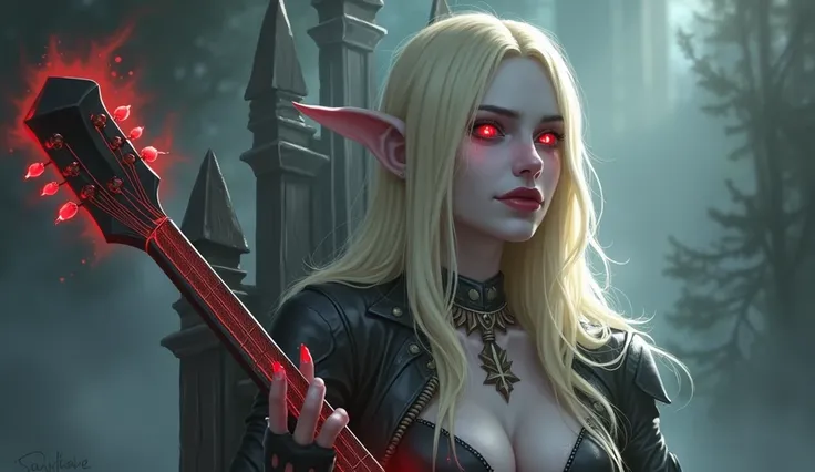 Sylvanas Windrunner,  the legendary leader of the Renegades ,  sits on a dark wooden throne , surrounded by an aura  of mystery and magic . in her hands, ela segura umthe guitar  vermelha vibrante,  her strings apparently pulsating with supernatural energy...