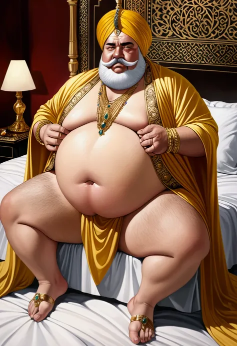 The male emperor of the Arab world powers,A very dignified obese person,A large, richly decorated turban,Best Quality,Masterpiece,Big White Mustache,A sexy full-body portrait of a woman sitting on a bed in her bedroom with her legs wide open,My crotch is v...