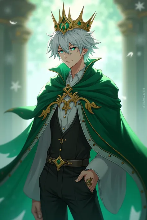 Standing male character similar to Genshin Impact ,  has a green cape and blue and green heterochromia 25 years old white hair blue and green eyes with a large tiara
