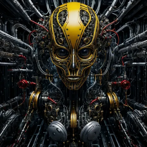 a captivating humanoid skull emerges from a sea of intricate technological components. Surrounded by a labyrinth of wires, tubes, and mechanical arms, the face exudes an air of mystique and undeniable power. The eyes of the face command attention, one of t...