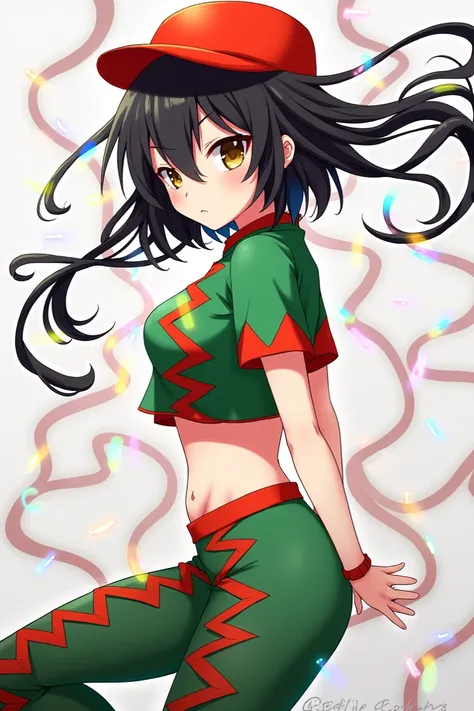 Female anime person has a red hat and short clothes and the long pants and the short t-shirt are in green and red and the long pants are also green and red and her hair is black and has tangled lights