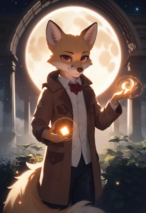 masterpiece, best quality, 4K，Ultra-delicate, Shota the fox, solo, Skin fur, Golden fur, Golden yellow face fur, Red eyes, Brown elements on fur, Brown coat brown hood up, Beautiful lights and shadows, Ambient light, Ultra-fine fur, natural  lighting, Fluf...