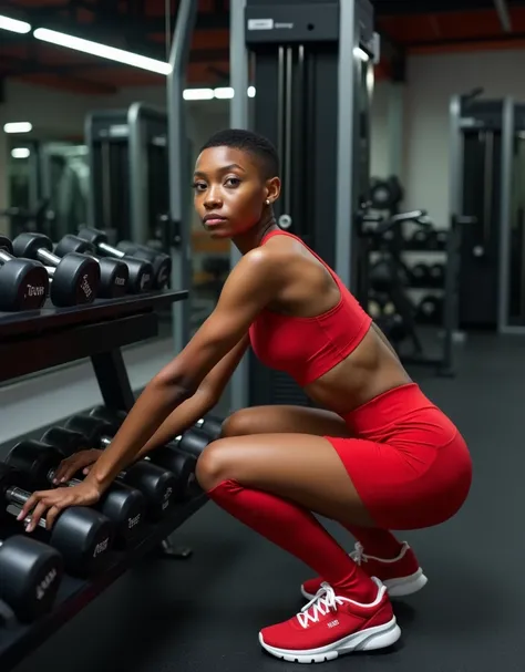 An 18-year-old Afro-descendant woman in a fiery red sports bra and lingerie panty, wearing athletic shoes. She performs a creative crouched pose beside a set of dumbbells in a state-of-the-art gym with a sleek monochrome color scheme. A shot from above hig...