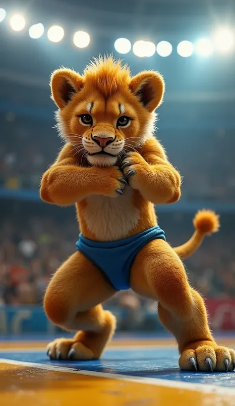 Lion cub in wrestling
A humanoid lion cub with small budding tufts of mane, dressed in a tight blue wrestling singlet. His golden fur glistens with sweat, and his paws are gripping his opponent in a classic grapple move on an Olympic-style mat, surrounded ...