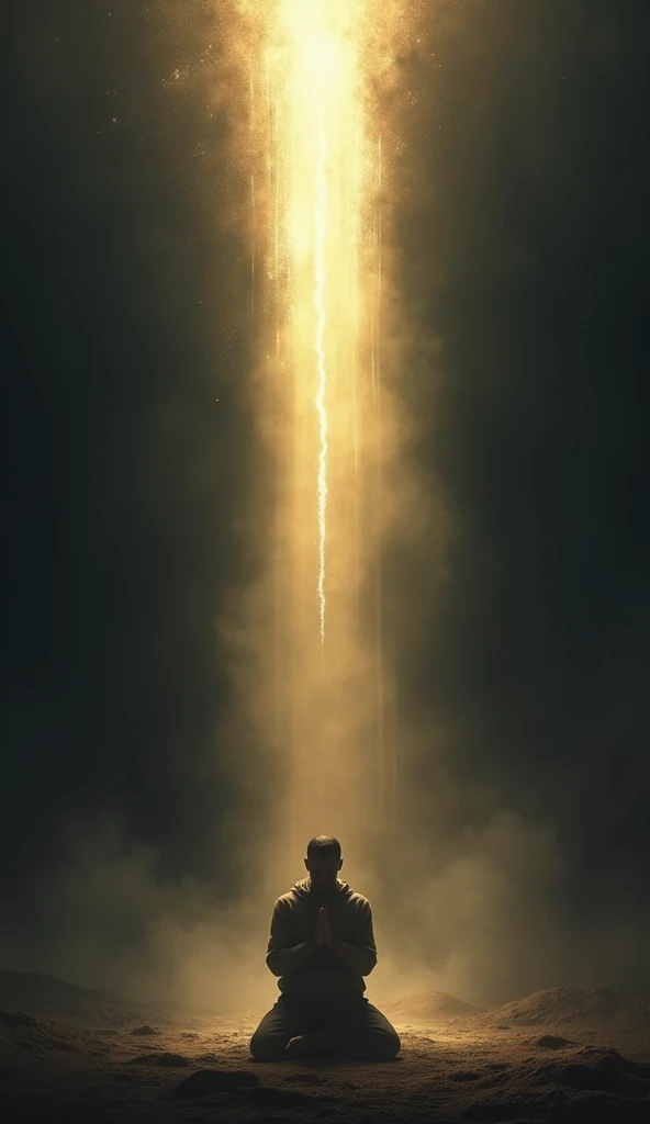  A person kneeling in prayer in a dark landscape with a ray of divine light illuminating them from above, symbolizing comfort and connection with God .