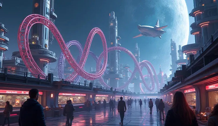 "A high-tech amusement park located on a space station, with futuristic roller coasters that twist around the station’s orbit. The park features zero-gravity zones, and people are enjoying laser tag and VR adventures."