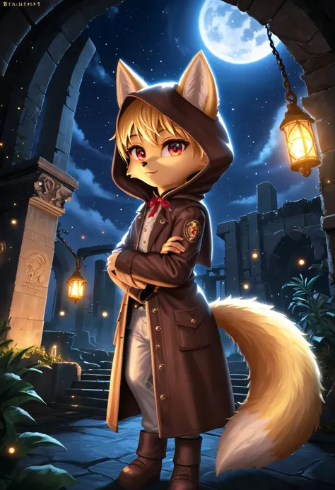 masterpiece, best quality, 4K，Ultra-delicate, Shota the fox, solo, Skin fur, Golden fur, Golden yellow face fur, Red eyes, Brown elements on fur, Brown coat brown hood up, Beautiful lights and shadows, Ambient light, Ultra-fine fur, natural  lighting, Fluf...