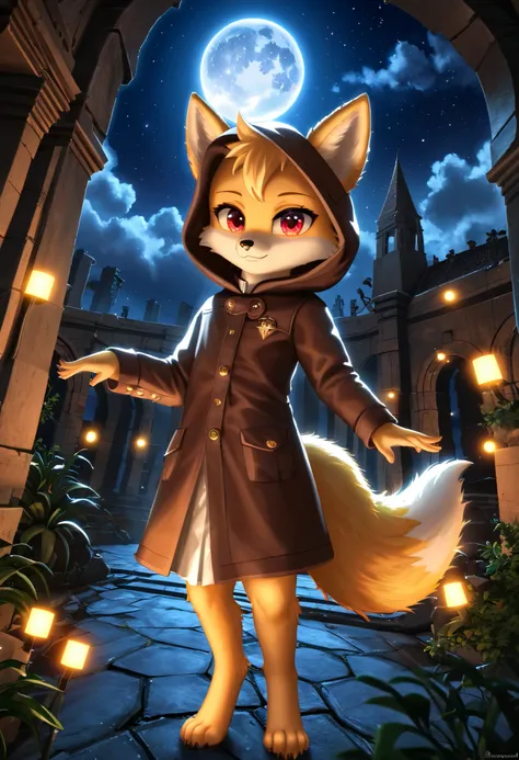 masterpiece, best quality, 4K，Ultra-delicate, Shota the fox, solo, Skin fur, Golden fur, Golden yellow face fur, Red eyes, Brown elements on fur, Brown coat brown hood up, Beautiful lights and shadows, Ambient light, Ultra-fine fur, natural  lighting, Fluf...