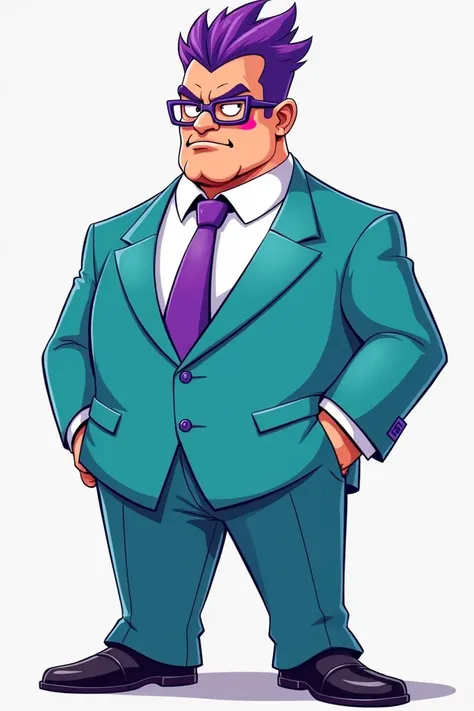 Cartoon character brutal man with short purple hair,  wearing purple glasses ,  with a purple blush on her face ,  in an aquamarine tuxedo , with a purple tie ,  stands straight  ,  stands full length , figure in full 
