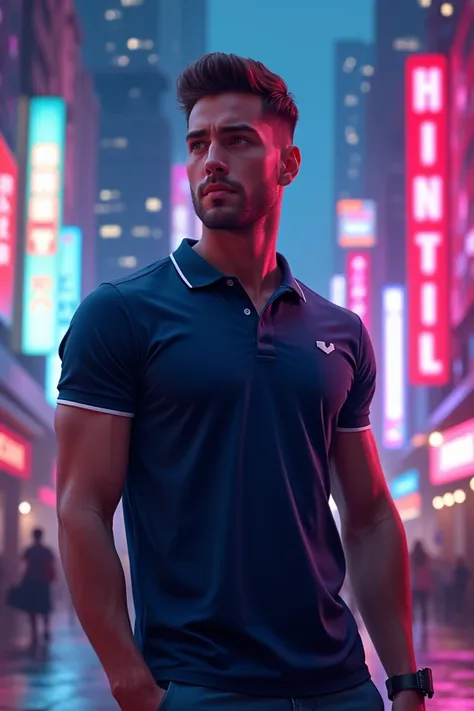 Man in the city, neon light, 23 years old, Fit, navy blue polo