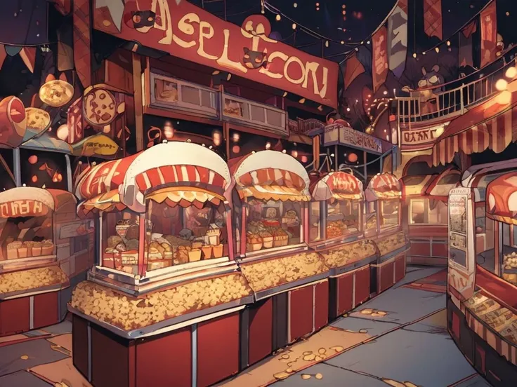 amusement park at night, carnival, dark warm hues, no people at all, detailed, food area, popcorn, tickets, plushies