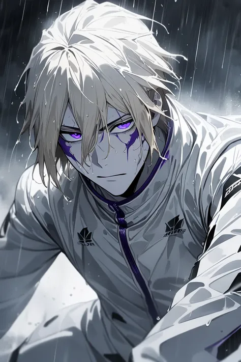 1boy, male focus, bleach, white racing suit, outdoors, rain, lean, (masterpiece), (best quality), (ultra-detailed), very neon white ,epic, purple eyes, aesthetic, illustration, middle part blonde hair, perfect composition, moist skin, intricate details, yo...