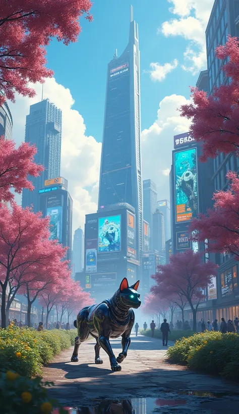 Scene 1: Futuristic Japan
Prompt: A vibrant futuristic cityscape in Japan, filled with neon lights, holographic billboards, and sleek skyscrapers. Streets are bustling with humans and robots living in harmony. In the foreground, a sleek robot cat, Kiro, wi...