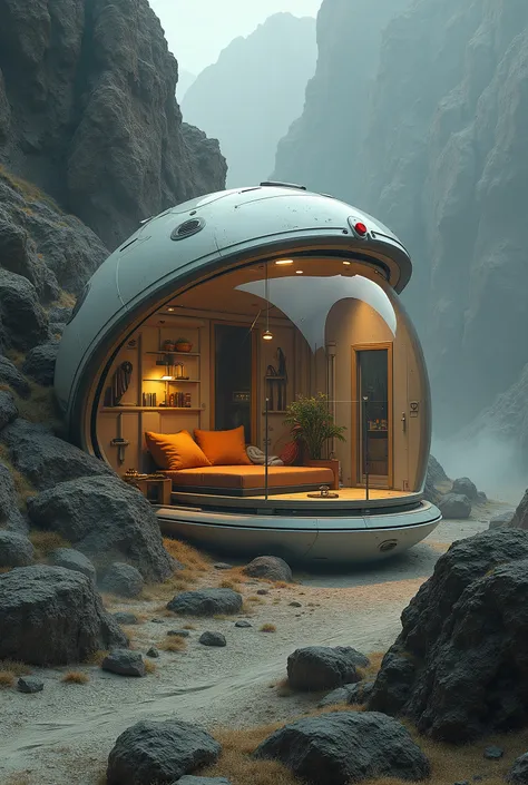 science-fiction; Concept art d’un petit refuge secret accueillant caché dans un paysage hostile; l’architecture du petit refuge secret est très futuriste; l’intérieur du refuge a l’air confortable et chaleureux; bien qu’il soit de petite taille, il dispose...