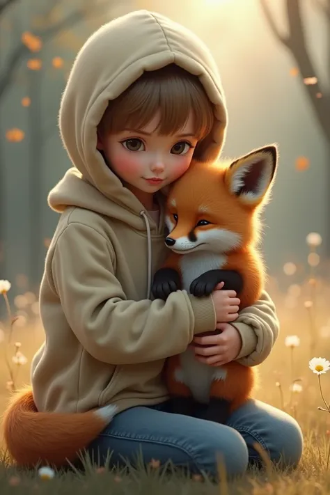  with short , light brown hair,  hooded sweater and jeans and a baby fox next to it