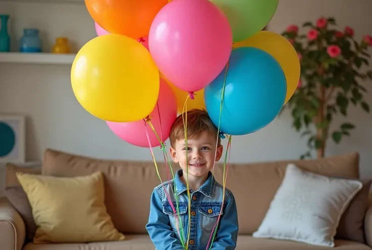  real photo  boy holding lots of colorful balloons. full-length boy in denim jumpsuit . beautiful room  