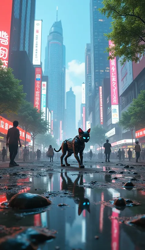 Scene 1: Futuristic Japan
Prompt: A vibrant futuristic cityscape in Japan, filled with neon lights, holographic billboards, and sleek skyscrapers. Streets are bustling with humans and robots living in harmony. In the foreground, a sleek robot cat, Kiro, wi...