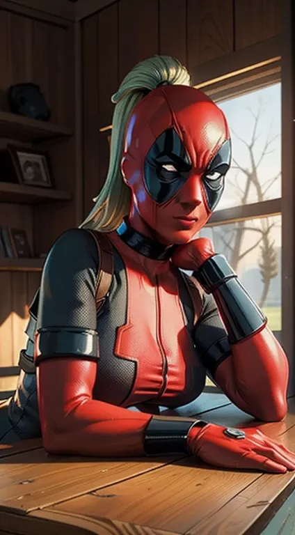 sexy lady Deadpool with a sexy pose, perfect ambience, beautiful colors, masterpiece, 8k