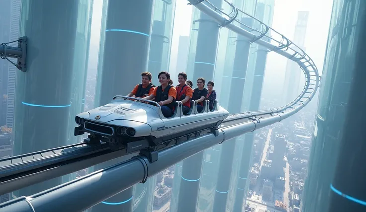 "A futuristic roller coaster with magnetic levitation, soaring through translucent tubes suspended in the air, creating a sensation of weightlessness for the riders."

