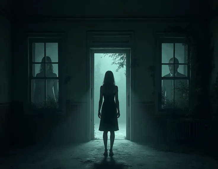 An eerie, abandoned hotel at night. The building is old, with a decaying facade, partially covered in overgrown plants, and dark, unwelcoming windows. Inside, a dimly lit hotel room shows a woman, Anna, standing in the middle, gazing towards an open door. ...