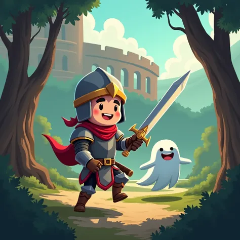 create an image for the cover of a video game called CATENA, it must include the main character, happy and confident, in attacking motion, with a sword in hand going forward, in a forest with few trees, in the background there is a visible wall of a type o...