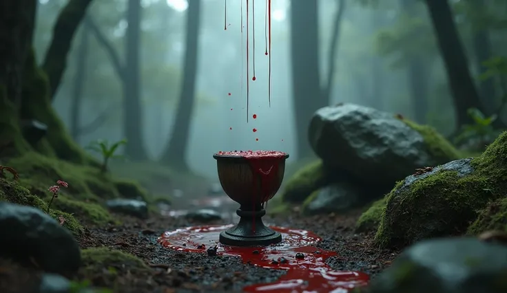 A medieval wooden chalice, on the floor in front of a rock, is filled with blood, and blood is dripping from above. The environment is a humid and foggy forest