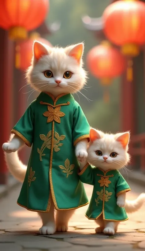 "A traditional mother cat in a green Chinese cheongsam with golden embroidery, walking with her daughter cat in a matching dress. The background features traditional lanterns and a serene vibe."

