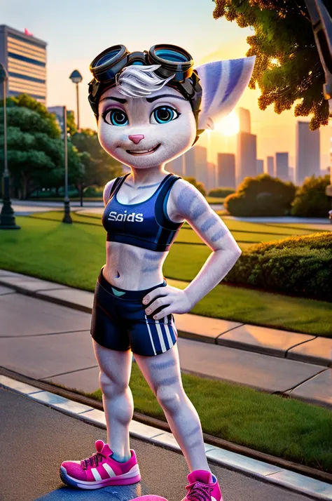 Rivet, furry girl, young,adidas sports shorts, pink adidas sports bra , adidas sports shoes, city park, evening sun, detailed body fur, detailed body, detailed eyes, detailed face, wet fur, skinny, high quality, masterpiece, small breasts, goggles, :D, loo...