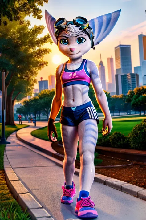 Rivet, furry girl, young,adidas sports shorts, pink adidas sports bra , adidas sports shoes, city park, evening sun, detailed body fur, detailed body, detailed eyes, detailed face, wet fur, skinny, high quality, masterpiece, small breasts, goggles, :D, loo...