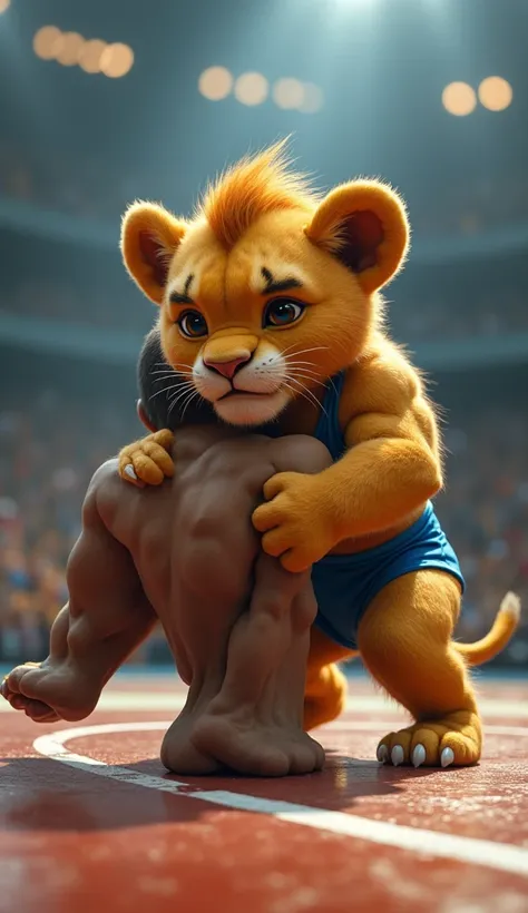 Lion cub in wrestling
A humanoid lion cub with small budding tufts of mane, dressed in a tight blue wrestling singlet. His golden fur glistens with sweat, and his paws are gripping his opponent in a classic grapple move on an Olympic-style mat, surrounded ...