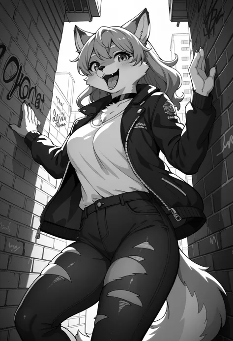 cover page, highres, top quality, best quality, paid reward available, unparalleled masterpiece, perfect artwork, absurdres, High-quality illustrations, laughing, perfect anatomy, lineart, monochrome, 1girl, kemono, furry, anthro, choker, shirt, torn legwe...