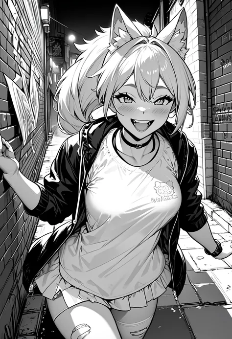 cover page, highres, top quality, best quality, paid reward available, unparalleled masterpiece, perfect artwork, absurdres, High-quality illustrations, laughing, perfect anatomy, lineart, monochrome, 1girl, kemono, furry, anthro, choker, shirt, torn legwe...