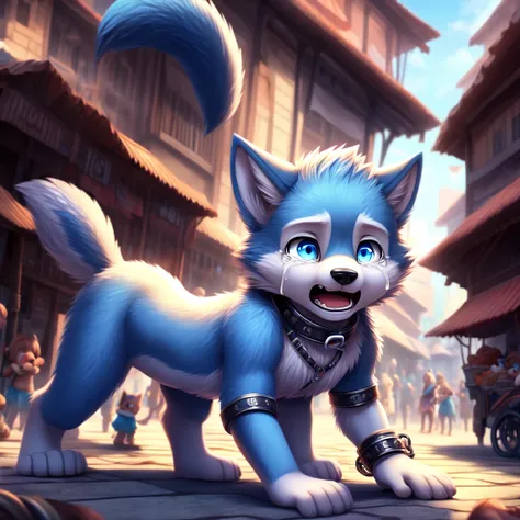 ( detailed crying ,  detailed face ,  detailed background ,  detailed body ),  detailed quality, 4K,  high resolution, highly detailed
A small,  cute wolf boy, very young, cute, blue fur,  blue eyes , ( collar around the neck ), ( iron cuffs on the wrists)...