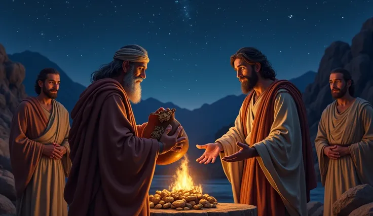  Create a detailed scene of Abraham handing tithing to Melchizedek . Abraham holds a leather bag filled with treasures won in battle,  while Melchizedek ,  with a serene and wise look , accept the offer .  The scene takes place under a clear night sky ,  w...