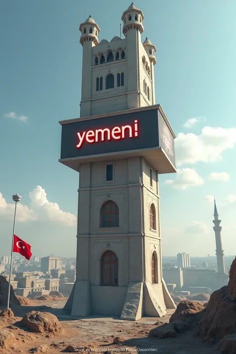 The tower is very tall. On the tower screens, the word  (Yemeni)  is written next to it, and next to it is the small flag of Turkey and it is realistic as if I exist