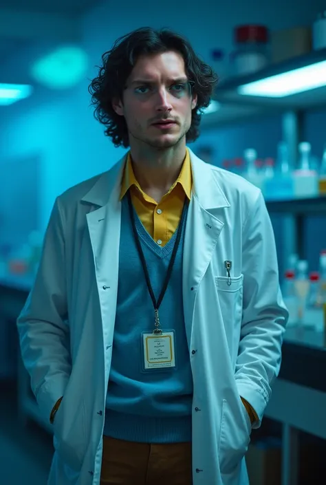 Elijah Wood as a guy wearing a yellow button shirt under a light blue sweater, a white lab coat on top, brown pants, glasses, a badge on his neck, cinematic, very cinematic, chemestry lab blue dramatic light out of focus as the background, live action real...