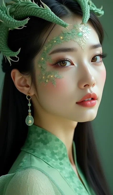 A Chinese woman with dragon-like features, her face adorned with delicate, shimmering jade-green scales along her cheekbones and forehead, blending seamlessly with her smooth skin. Small, elegant horns curve gently from her temples, adding a mystical yet g...