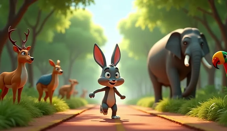 3D Pixar cartoon style scene of a jungle clearing. A determined rabbit, with large ears and a sleek gray body, crosses the finishing line with a look of triumph on his face. On both sides of the path, animals like a large elephant, a deer, and colorful bir...